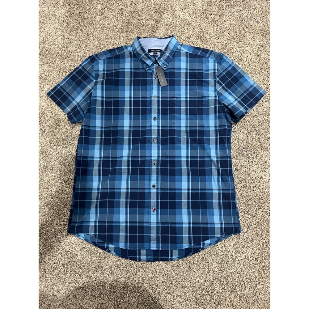 NEW Tommy Hilfiger Mens XXL Blue Plaid Short Sleeve Regular Fit Button Down